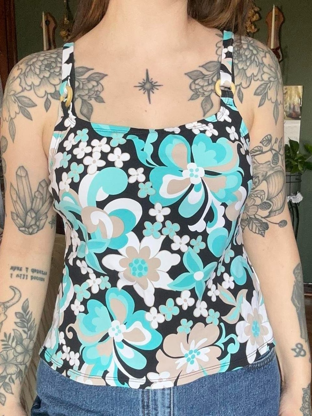 Jantzen Black Floral Swim Top with Turquoise and Beige Accents